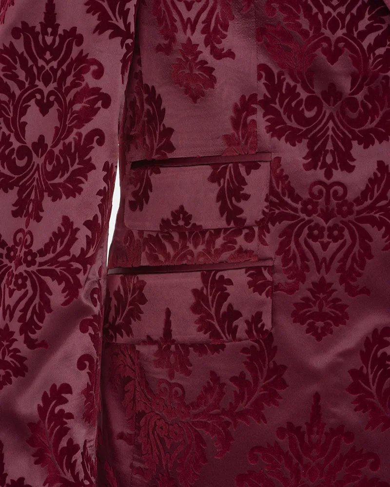 Burgundy Floral Flock Design Blazer with Contrasting Lapel & Matching Bow Tie