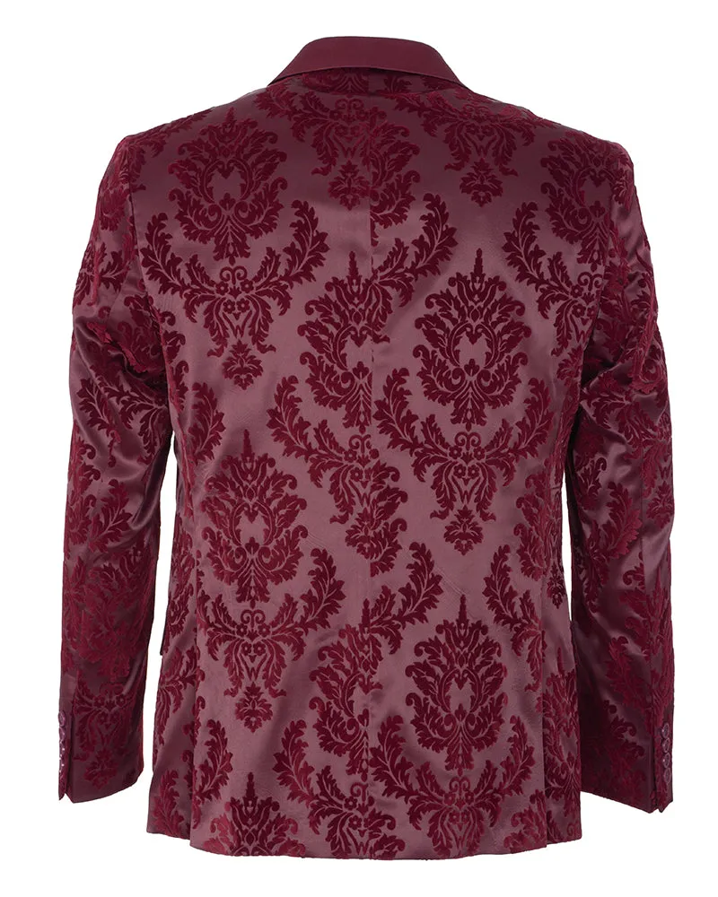 Burgundy Floral Flock Design Blazer with Contrasting Lapel & Matching Bow Tie