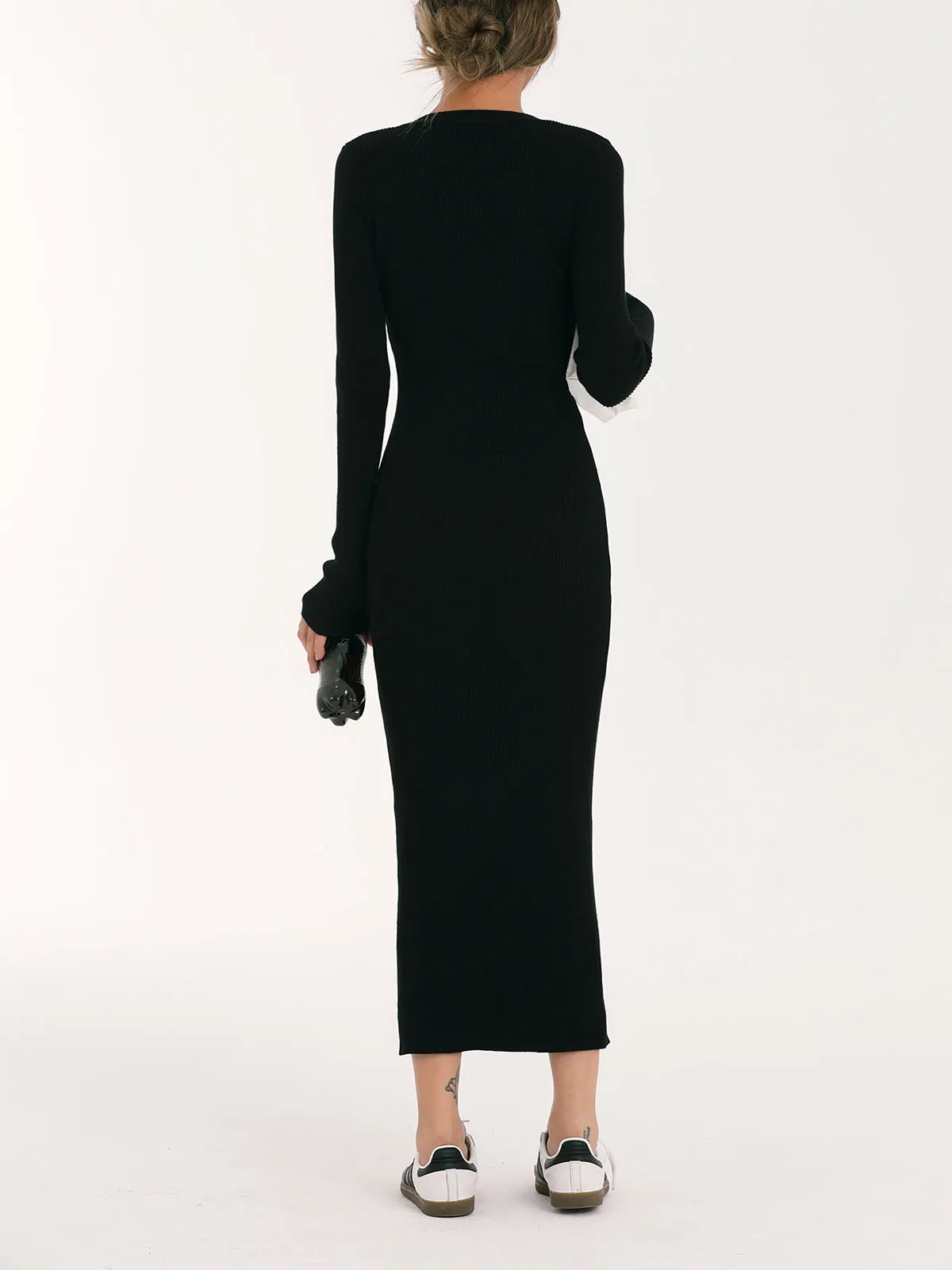 Button Up V Neck Modern Long Sleeve Long Sweater Dress