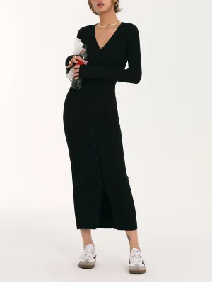 Button Up V Neck Modern Long Sleeve Long Sweater Dress