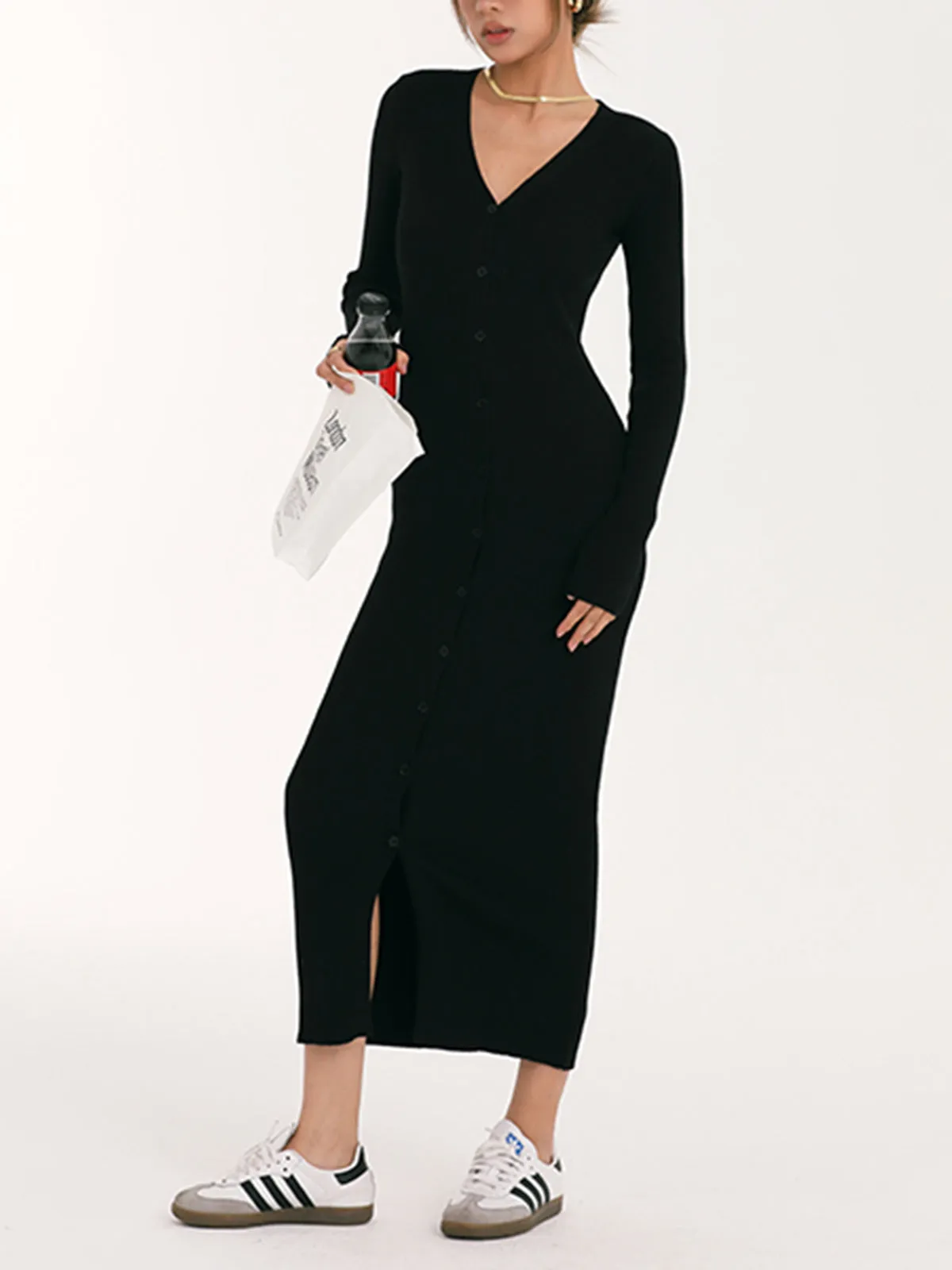 Button Up V Neck Modern Long Sleeve Long Sweater Dress