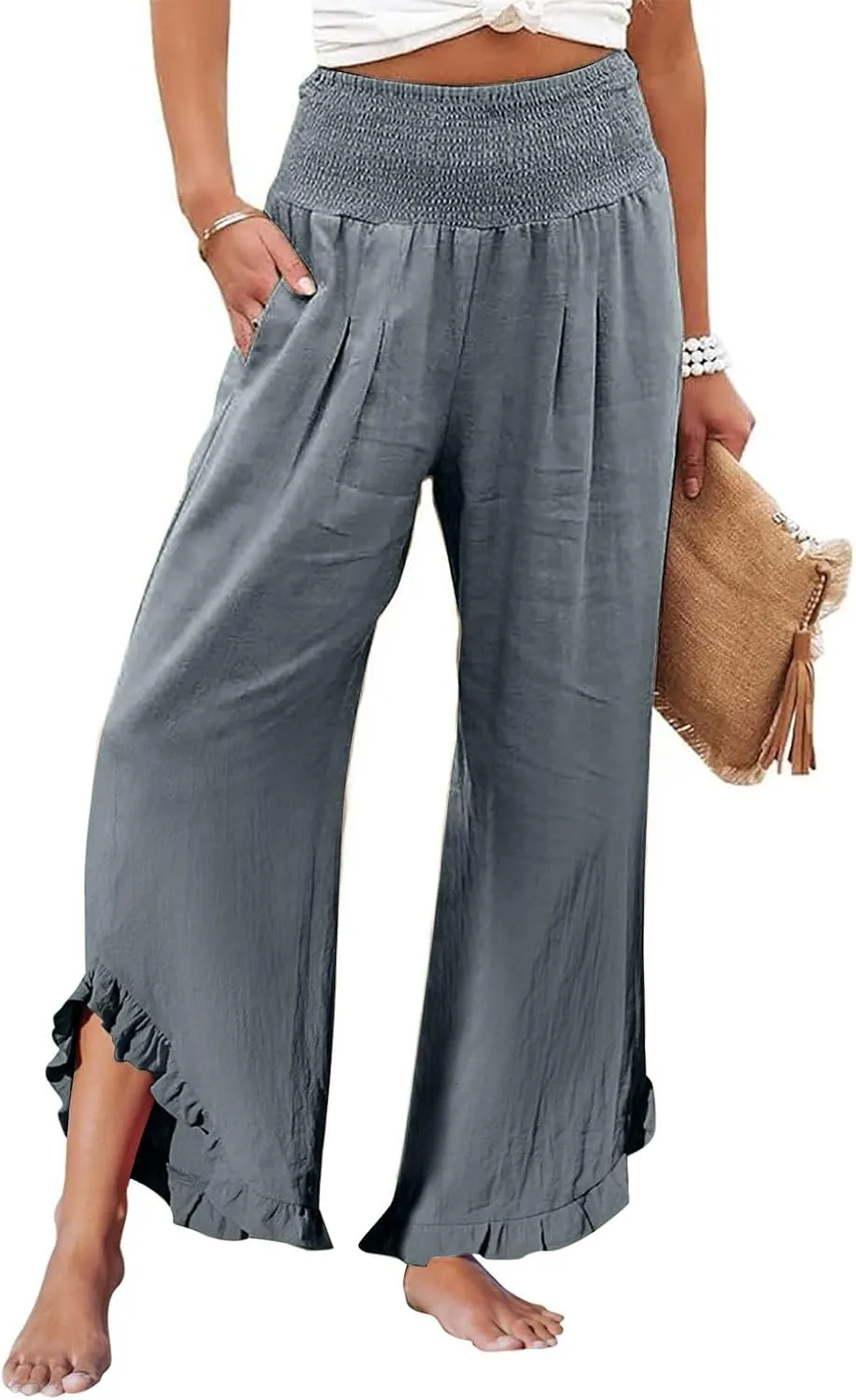 Capri Pants for Women,Linen Pants Women Wide Leg Summer Flowy Stretchy Womens Palazzo Sweatpants Elastic Waist