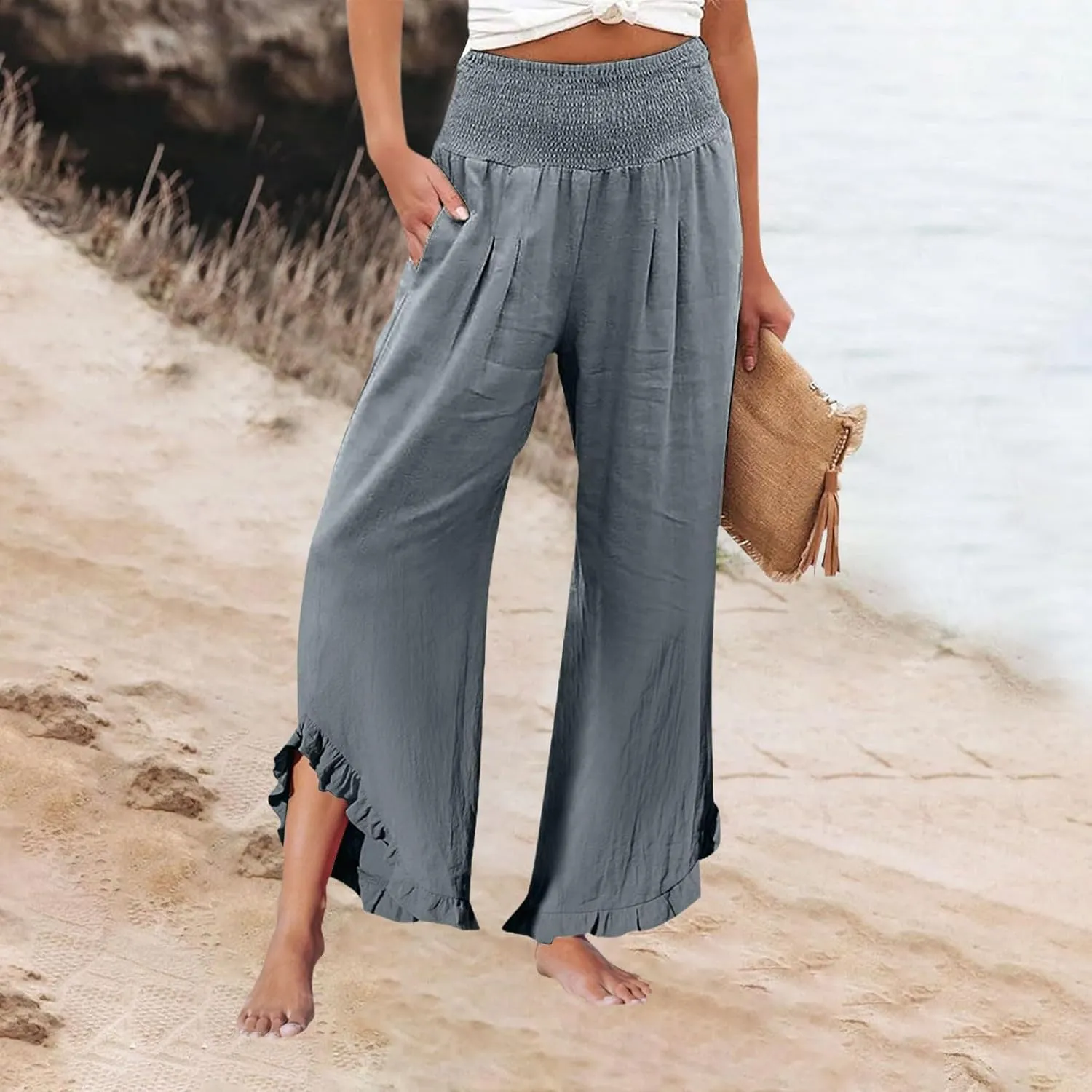 Capri Pants for Women,Linen Pants Women Wide Leg Summer Flowy Stretchy Womens Palazzo Sweatpants Elastic Waist