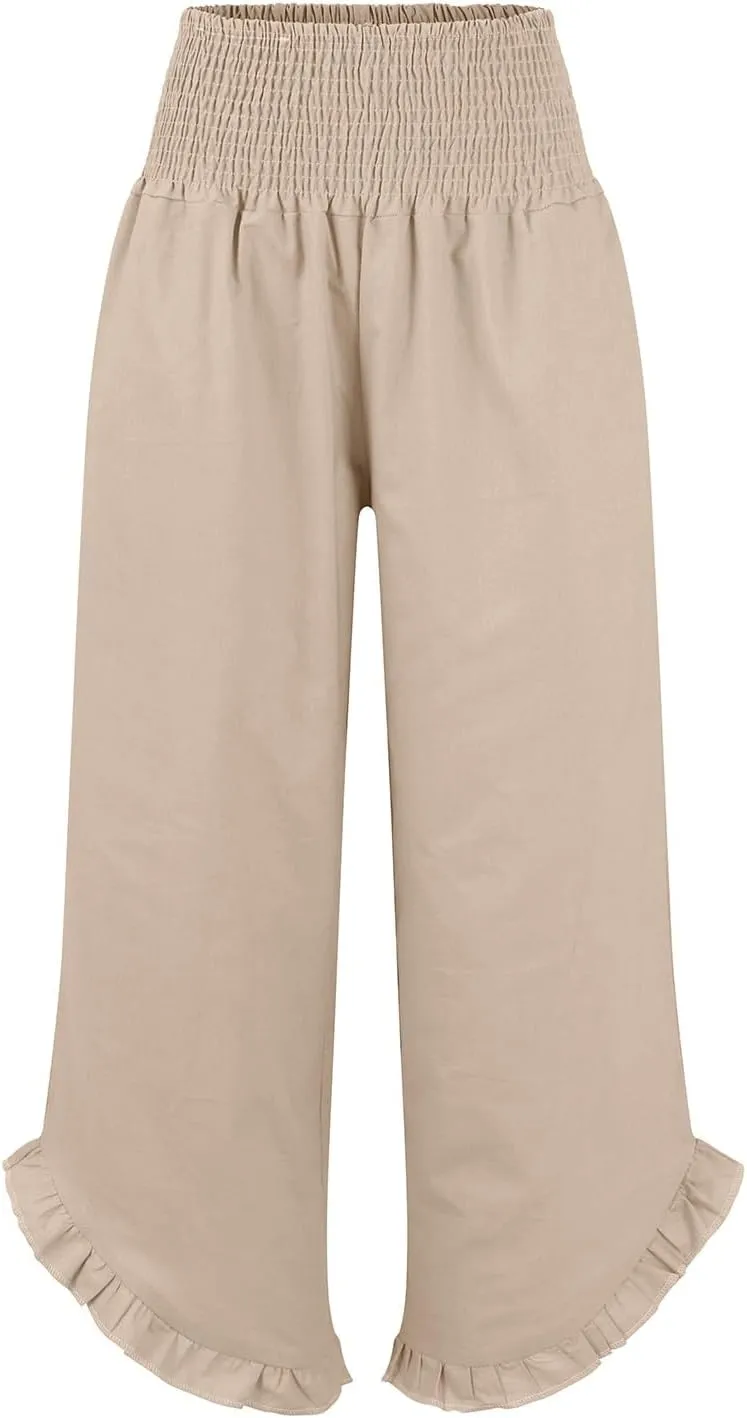 Capri Pants for Women,Linen Pants Women Wide Leg Summer Flowy Stretchy Womens Palazzo Sweatpants Elastic Waist