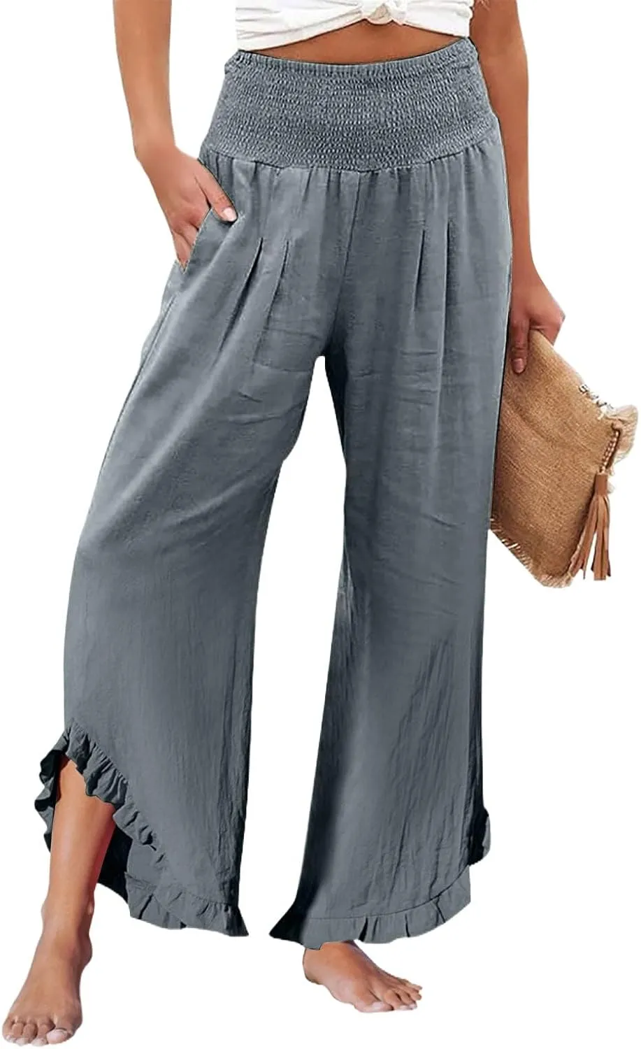 Capri Pants for Women,Linen Pants Women Wide Leg Summer Flowy Stretchy Womens Palazzo Sweatpants Elastic Waist