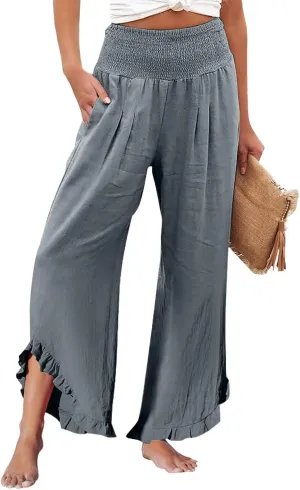 Capri Pants for Women,Linen Pants Women Wide Leg Summer Flowy Stretchy Womens Palazzo Sweatpants Elastic Waist