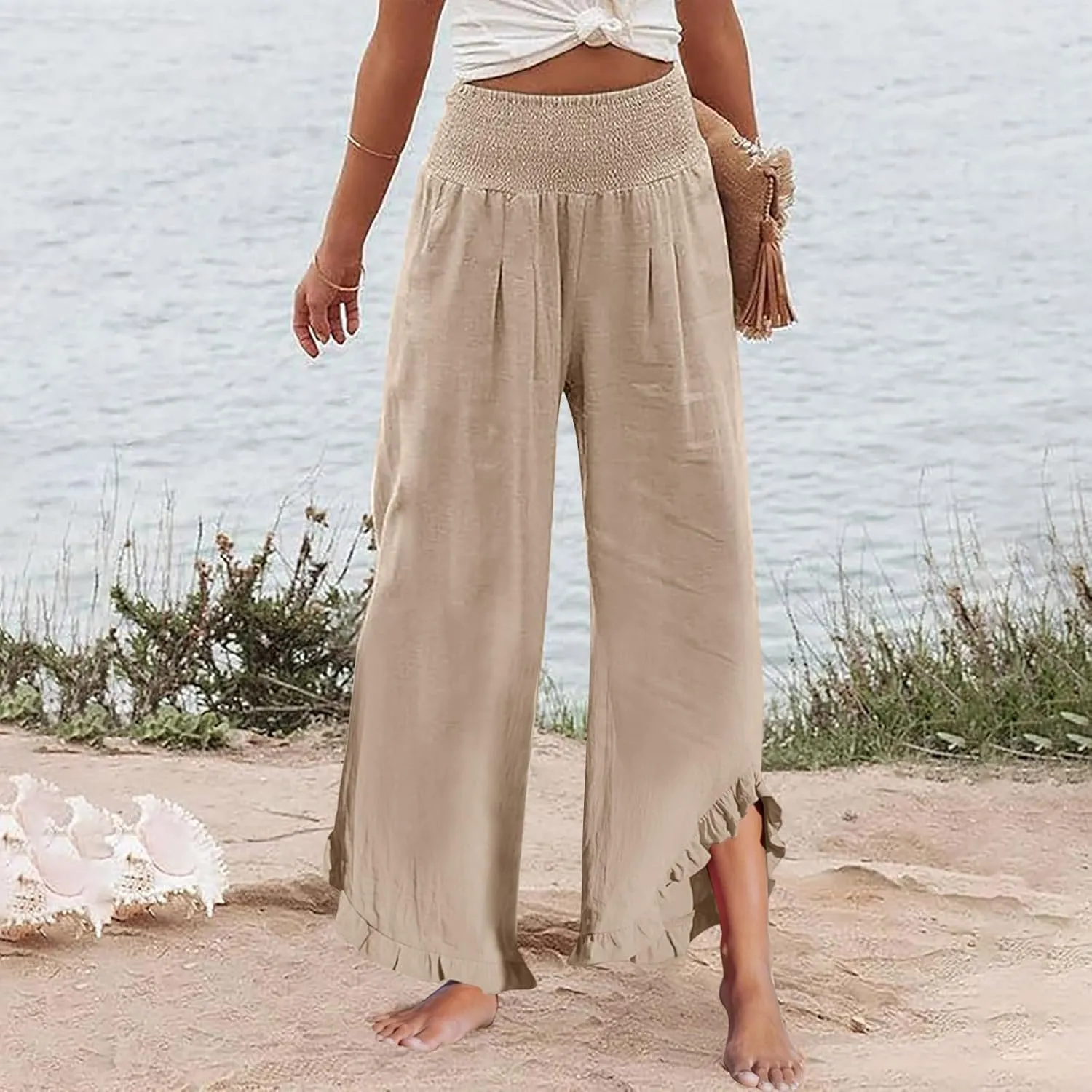 Capri Pants for Women,Linen Pants Women Wide Leg Summer Flowy Stretchy Womens Palazzo Sweatpants Elastic Waist