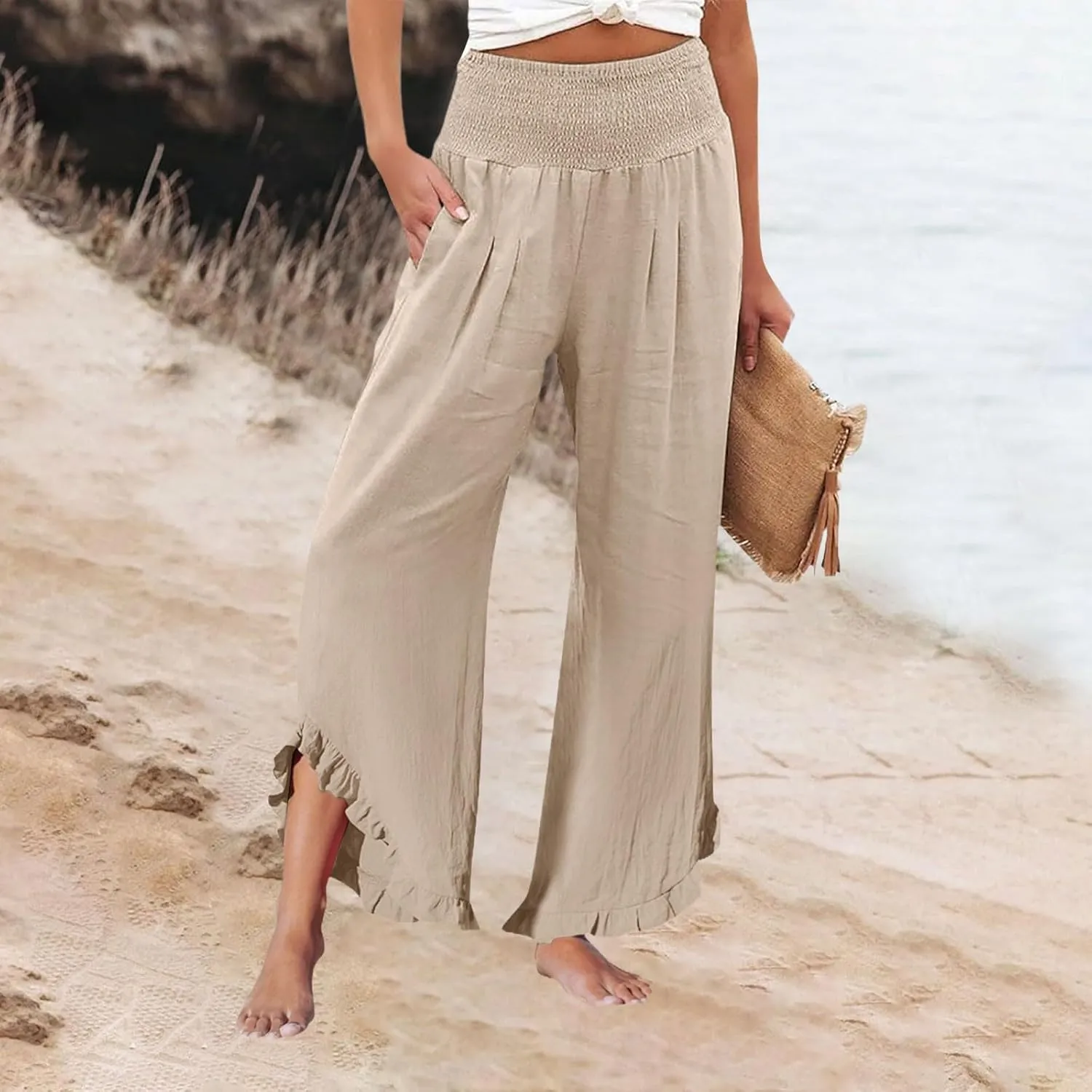 Capri Pants for Women,Linen Pants Women Wide Leg Summer Flowy Stretchy Womens Palazzo Sweatpants Elastic Waist