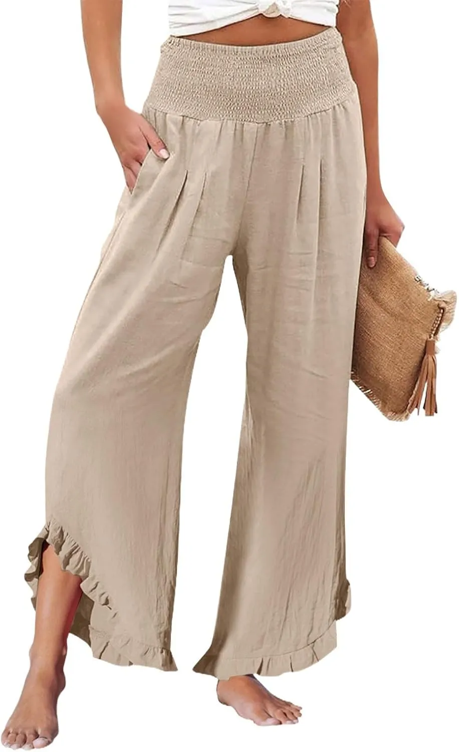 Capri Pants for Women,Linen Pants Women Wide Leg Summer Flowy Stretchy Womens Palazzo Sweatpants Elastic Waist