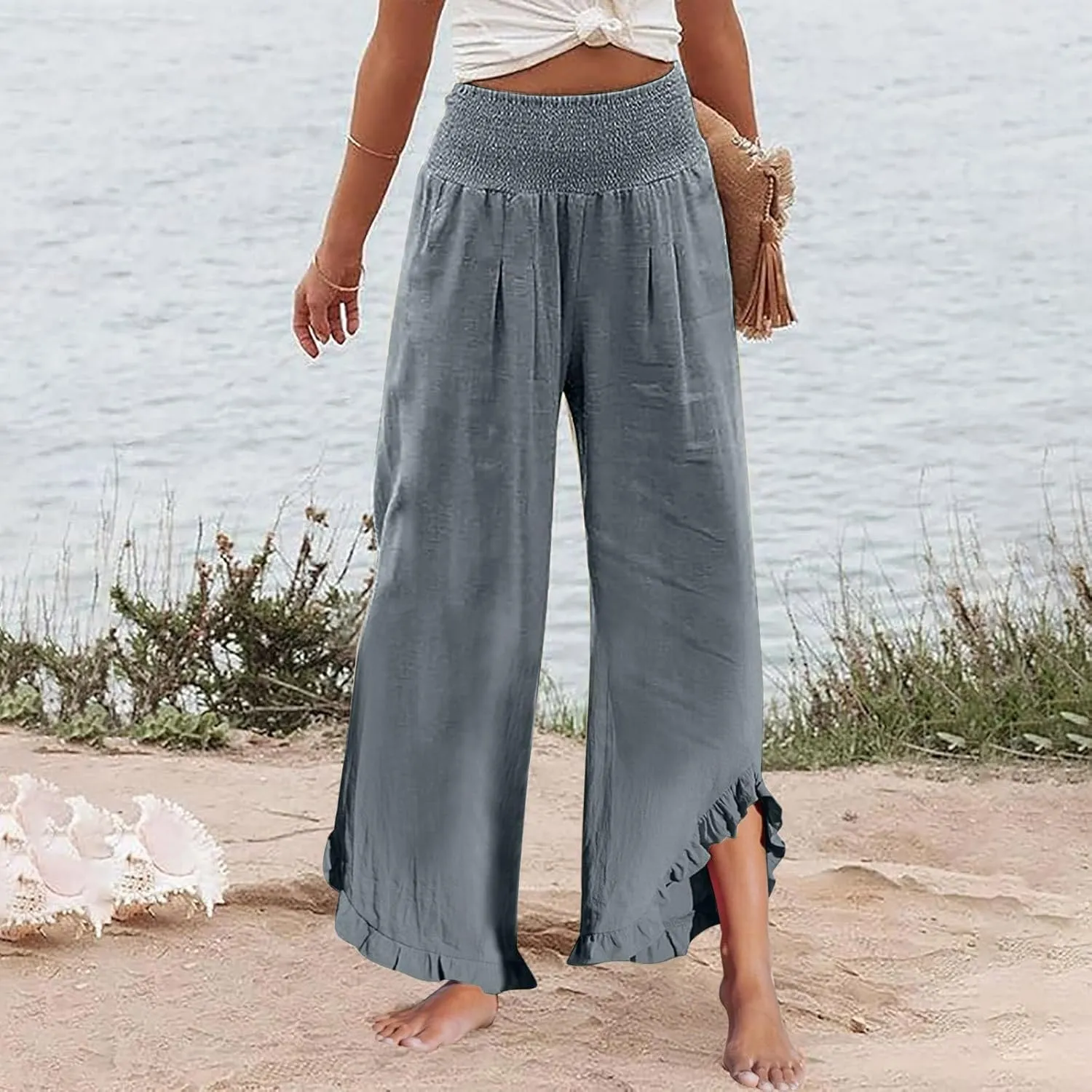 Capri Pants for Women,Linen Pants Women Wide Leg Summer Flowy Stretchy Womens Palazzo Sweatpants Elastic Waist