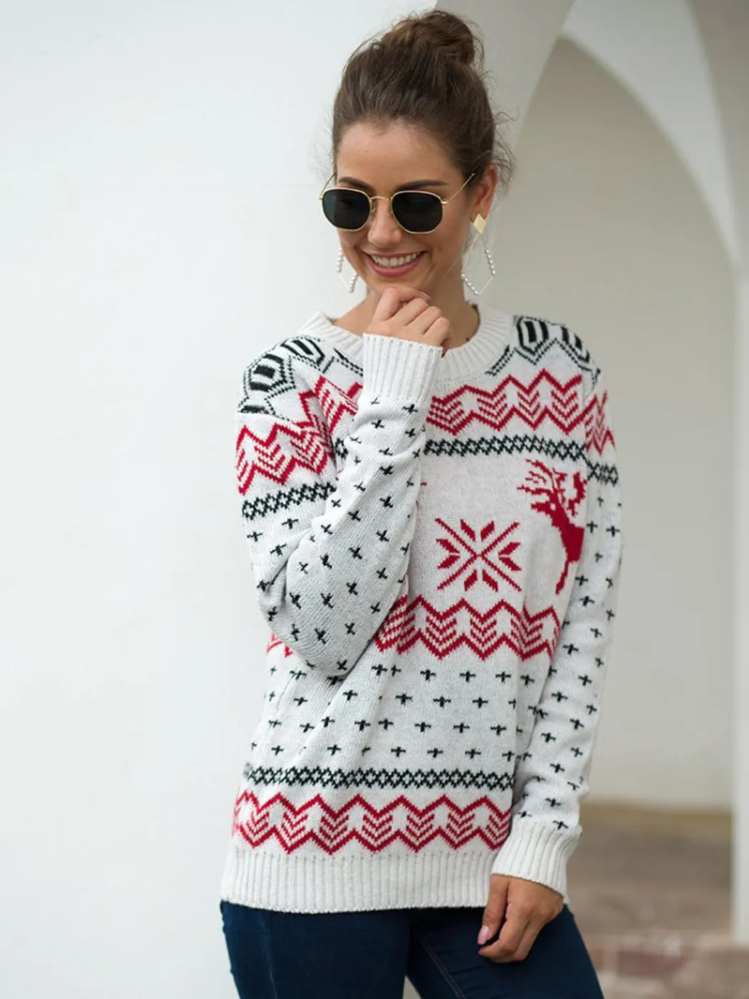 Christmas Sweater Long Sleeve Reindeer Snowflakes Patterns Knit Pullover Tops