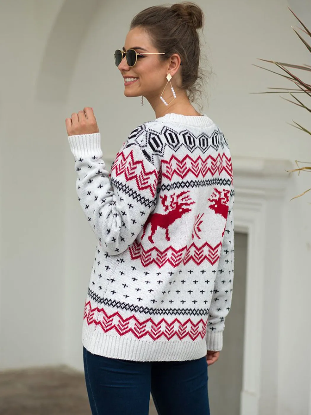 Christmas Sweater Long Sleeve Reindeer Snowflakes Patterns Knit Pullover Tops