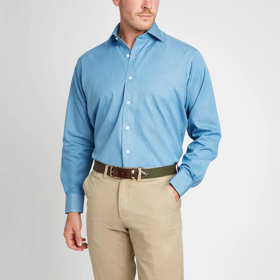 Classic Fit Plain Denim Button Cuff Shirt in Blue