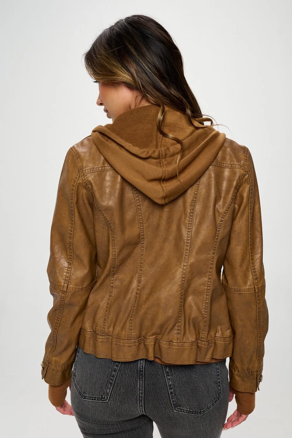 Coalition LA Camel Double Zip Hooded Long Sleeve Vegan Leather Jacket