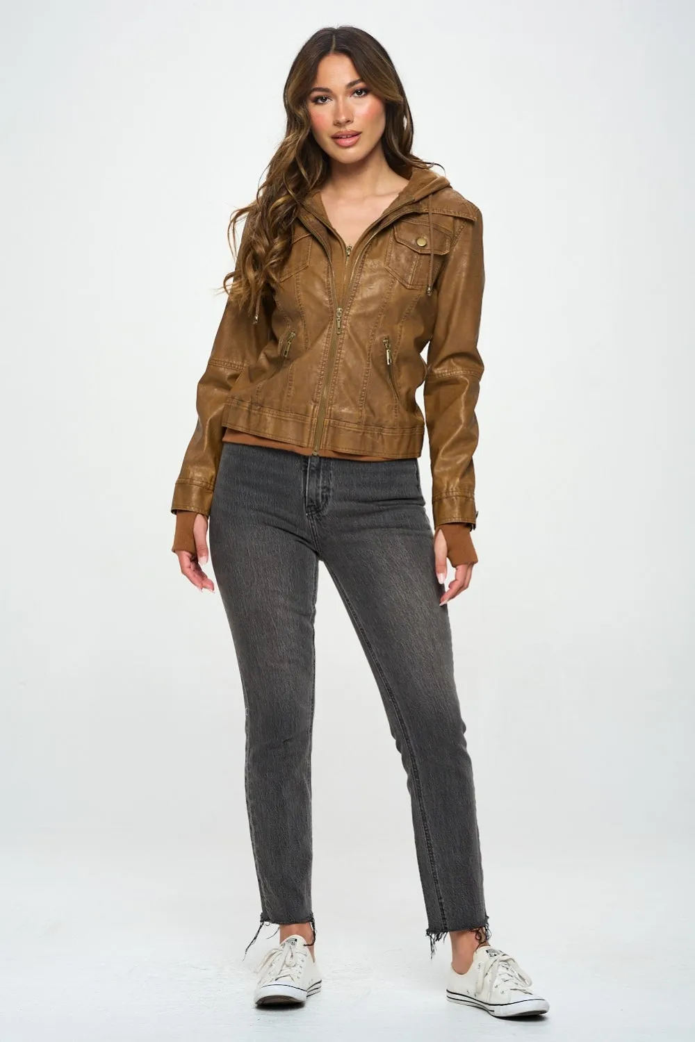 Coalition LA Camel Double Zip Hooded Long Sleeve Vegan Leather Jacket