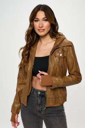 Coalition LA Camel Double Zip Hooded Long Sleeve Vegan Leather Jacket