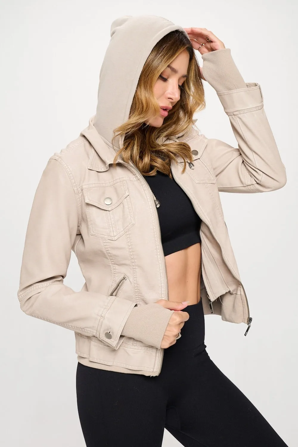 Coalition LA Cream Double Zip Hooded Long Sleeve Vegan Leather Jacket