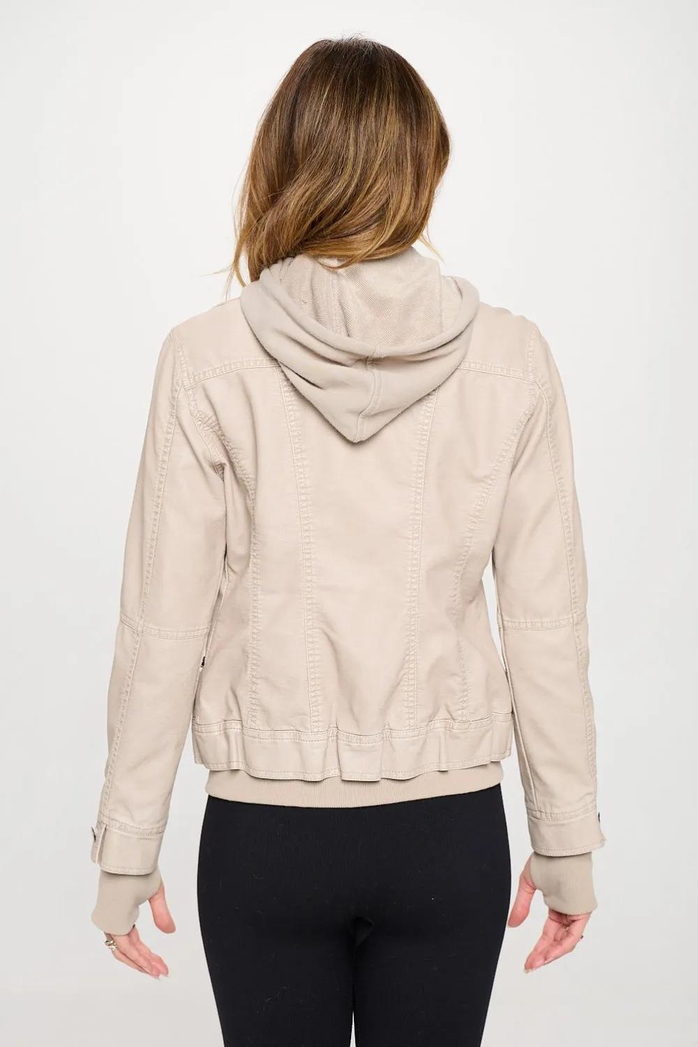 Coalition LA Cream Double Zip Hooded Long Sleeve Vegan Leather Jacket