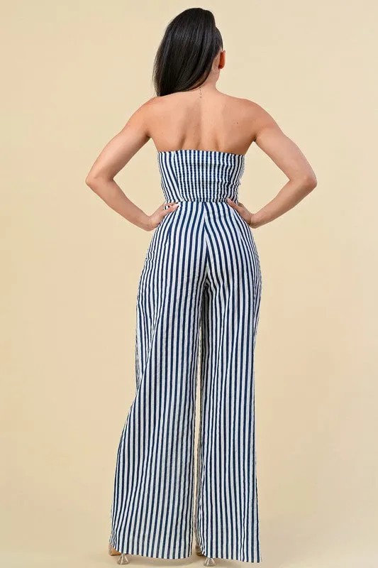 COMFORTABLE Striped Cotton Navy and White Top & Pants Set