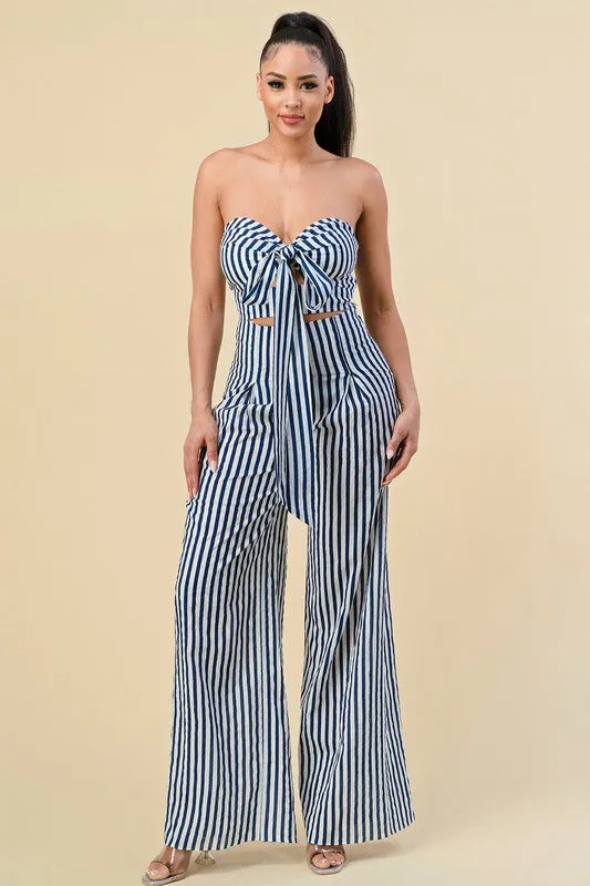 COMFORTABLE Striped Cotton Navy and White Top & Pants Set