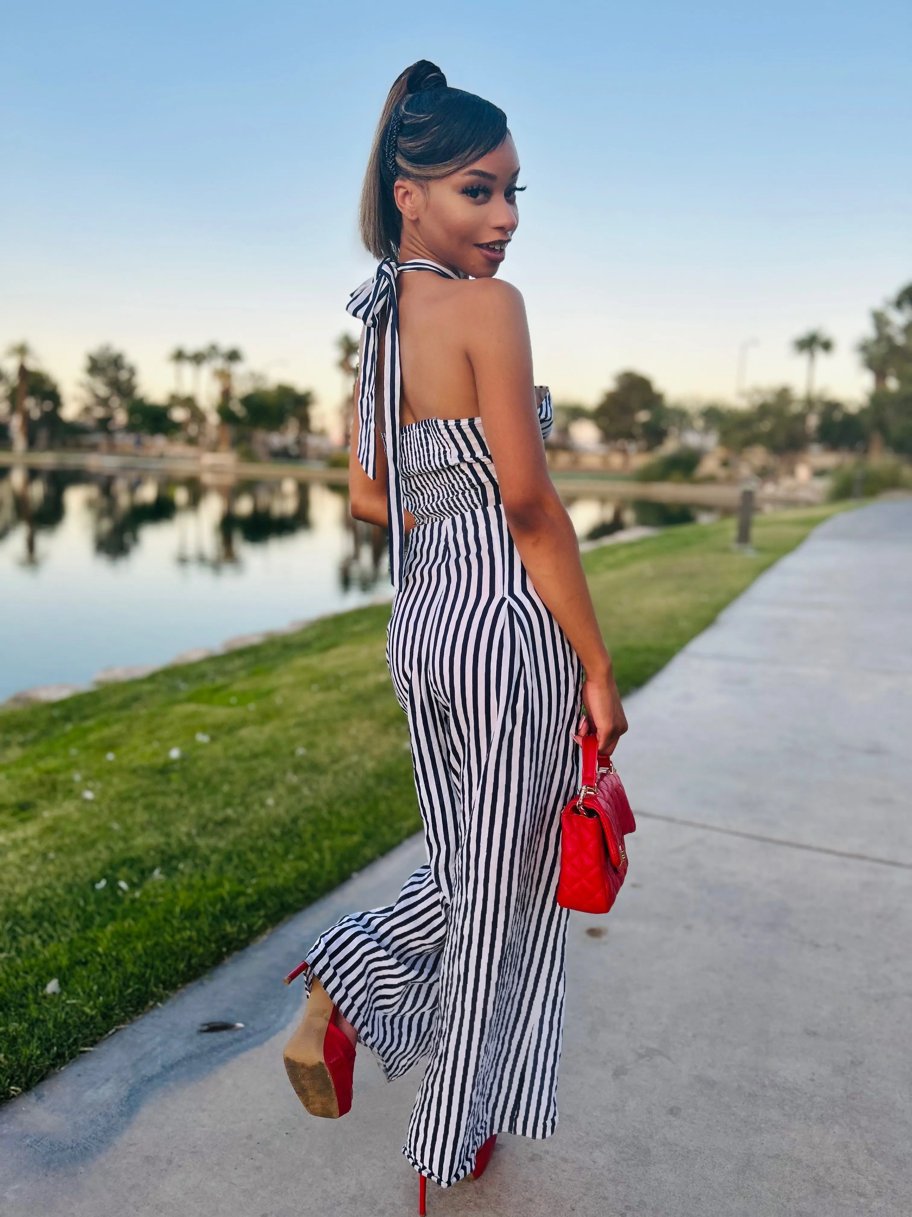 COMFORTABLE Striped Cotton Navy and White Top & Pants Set