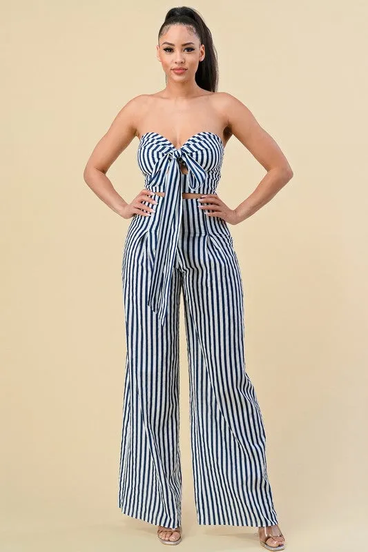 COMFORTABLE Striped Cotton Navy and White Top & Pants Set