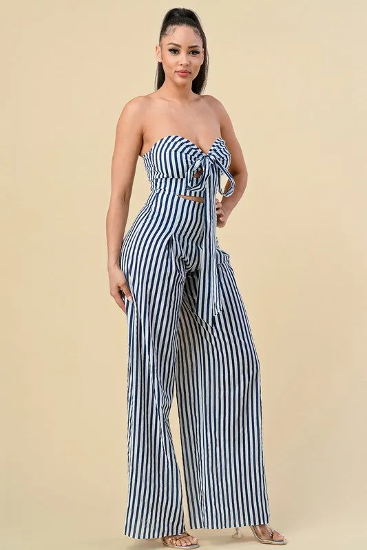 COMFORTABLE Striped Cotton Navy and White Top & Pants Set