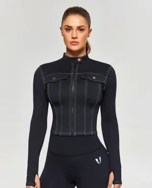 Contrast Stitching Moto Jacket - Black