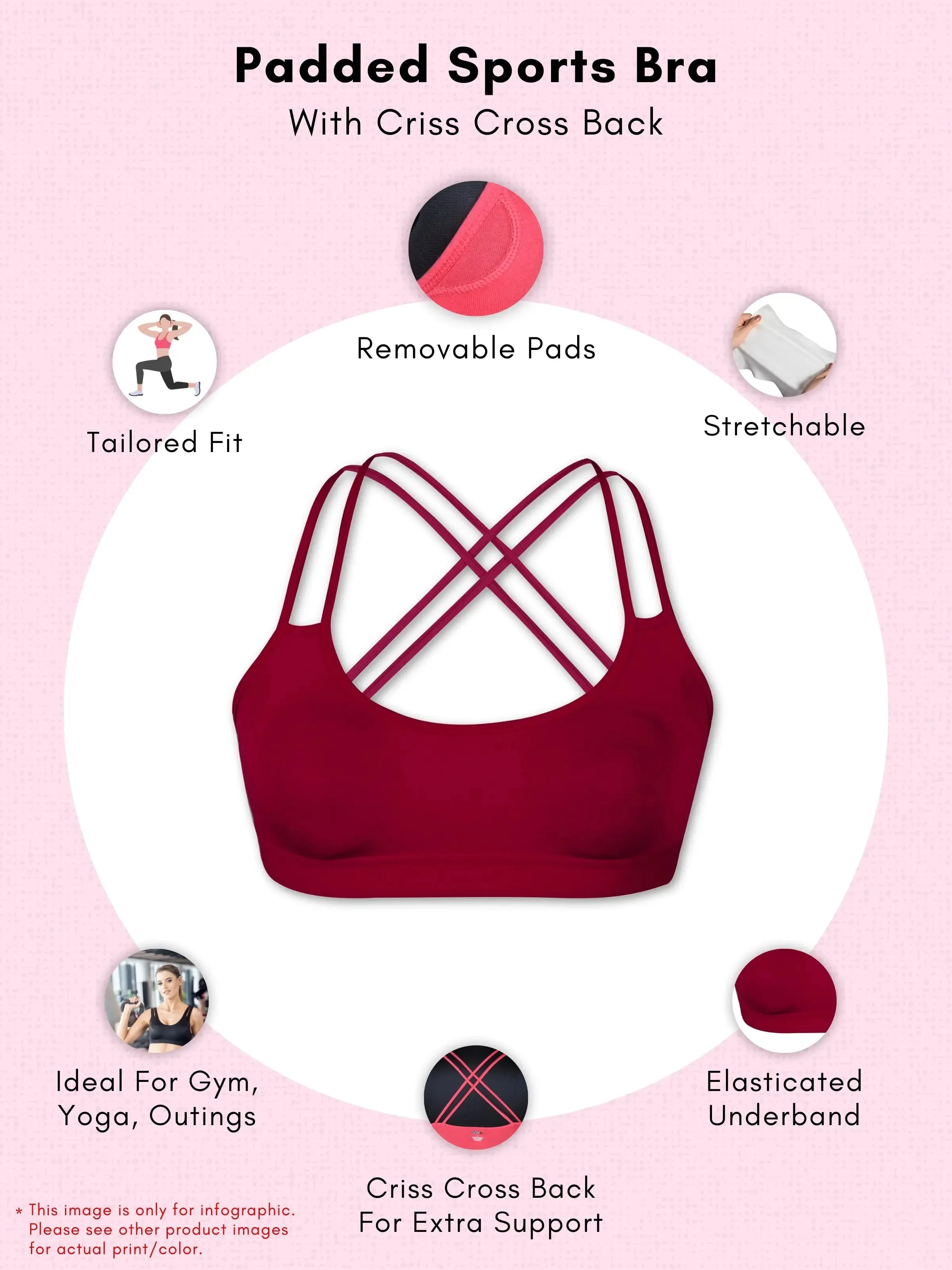 Criss Cross Back Cotton Sports Bra For Women | Removable Pads | Elasticated Underband | Good Support | Full Coverage Bra Pack Of 1 | Light Pink Workout Bra