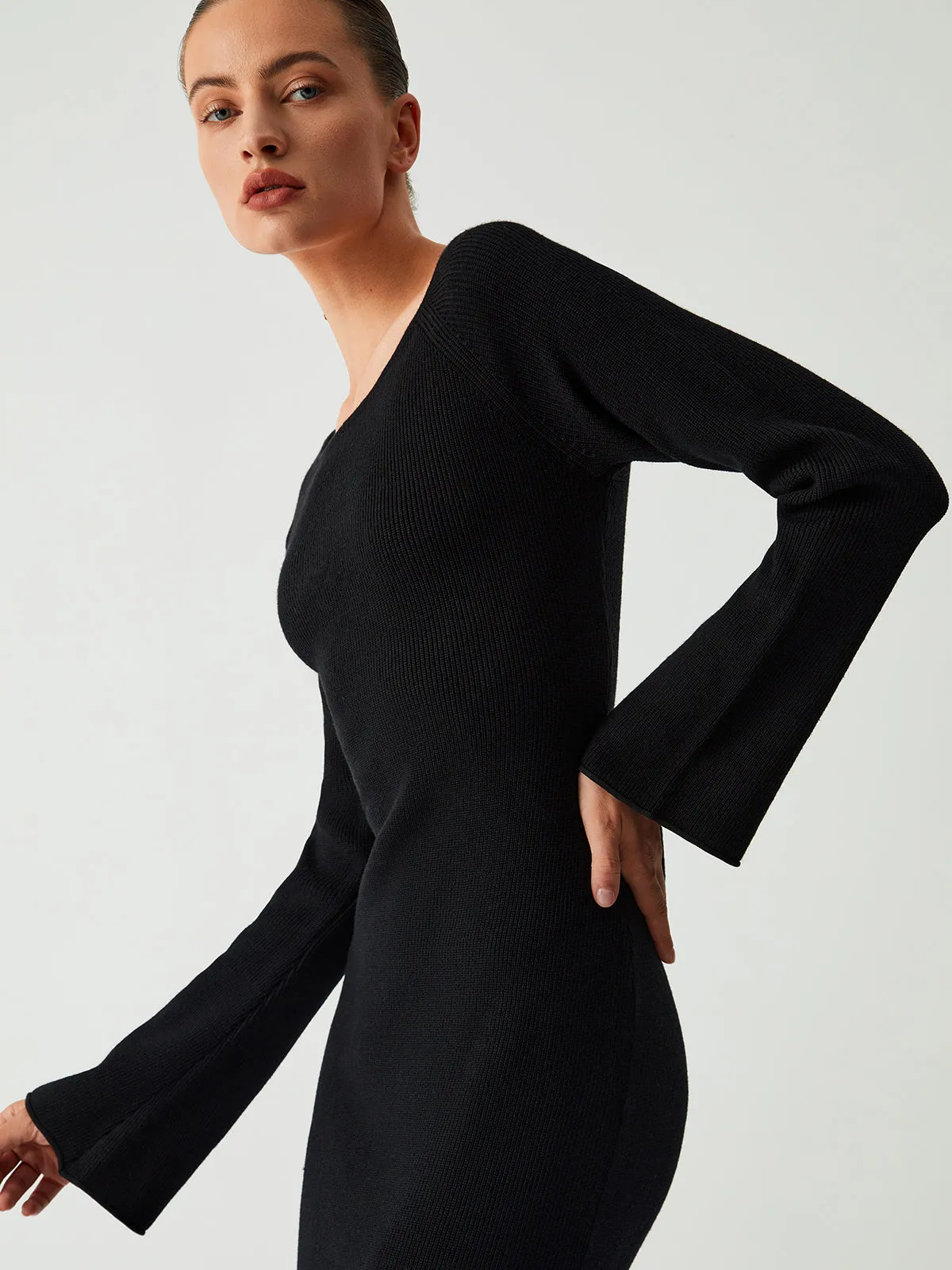 Criss Cross Tie Back Modern Long Sleeve Long Sweater Dress
