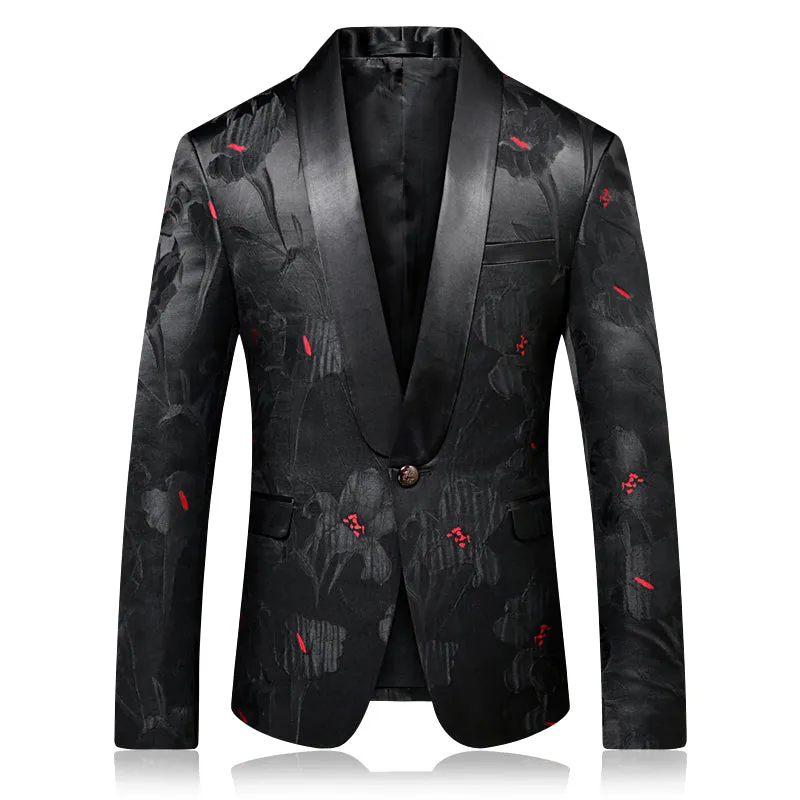 Dark Floral Red Pollen Lapel Men Shawl Lapel Blazer