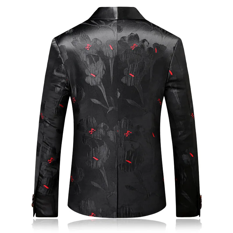 Dark Floral Red Pollen Lapel Men Shawl Lapel Blazer