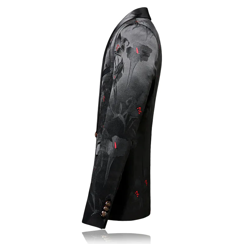Dark Floral Red Pollen Lapel Men Shawl Lapel Blazer