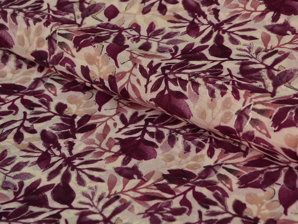Dark Pink & Cream Floral  Pure Mul Mul Cotton Fabric