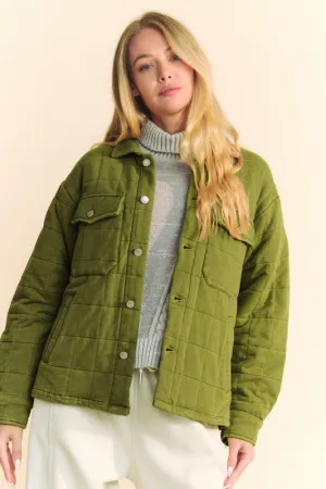 Davi & Dani Yellow Green Quilted Button Down Shacket with Chest Pockets