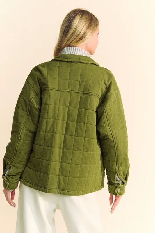 Davi & Dani Yellow Green Quilted Button Down Shacket with Chest Pockets