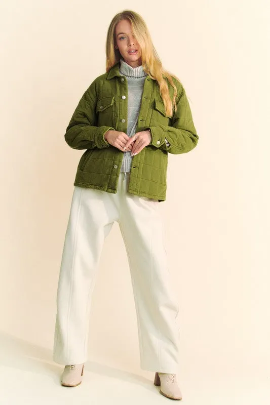 Davi & Dani Yellow Green Quilted Button Down Shacket with Chest Pockets