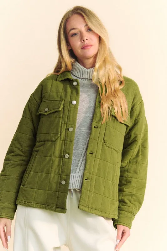 Davi & Dani Yellow Green Quilted Button Down Shacket with Chest Pockets