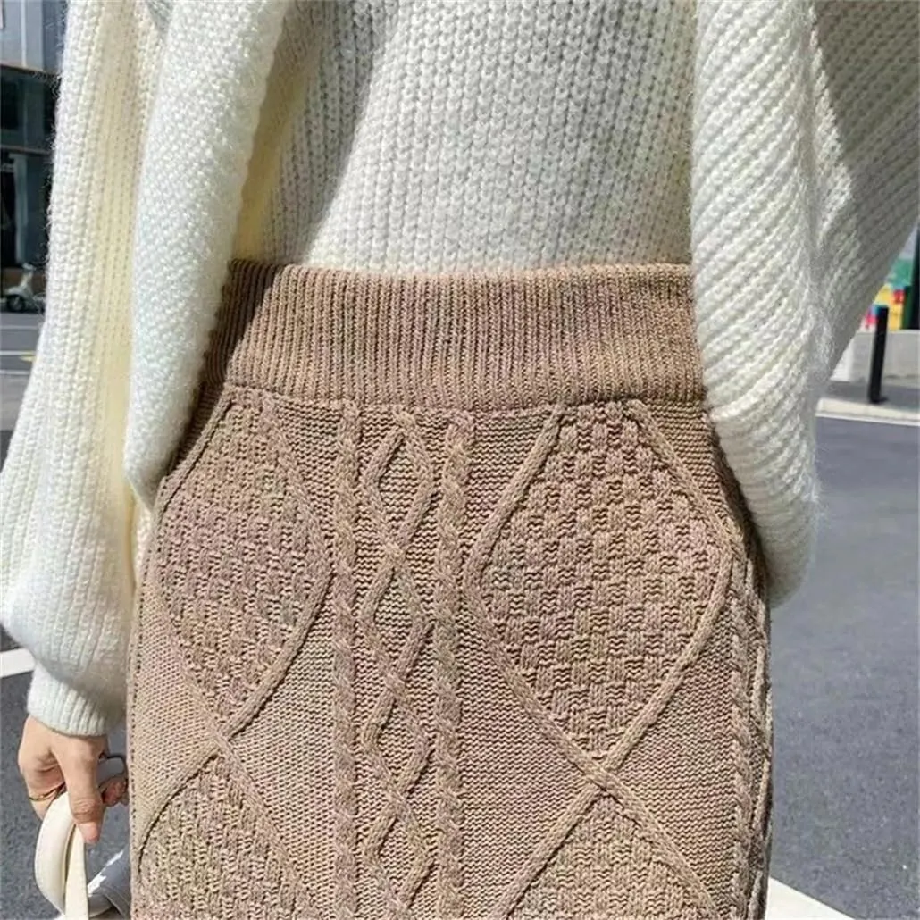 DBFBDTU Women's Knitted Skirts Solid Color Autumn High Waist Pencil Skirts Ladies Long Skirt