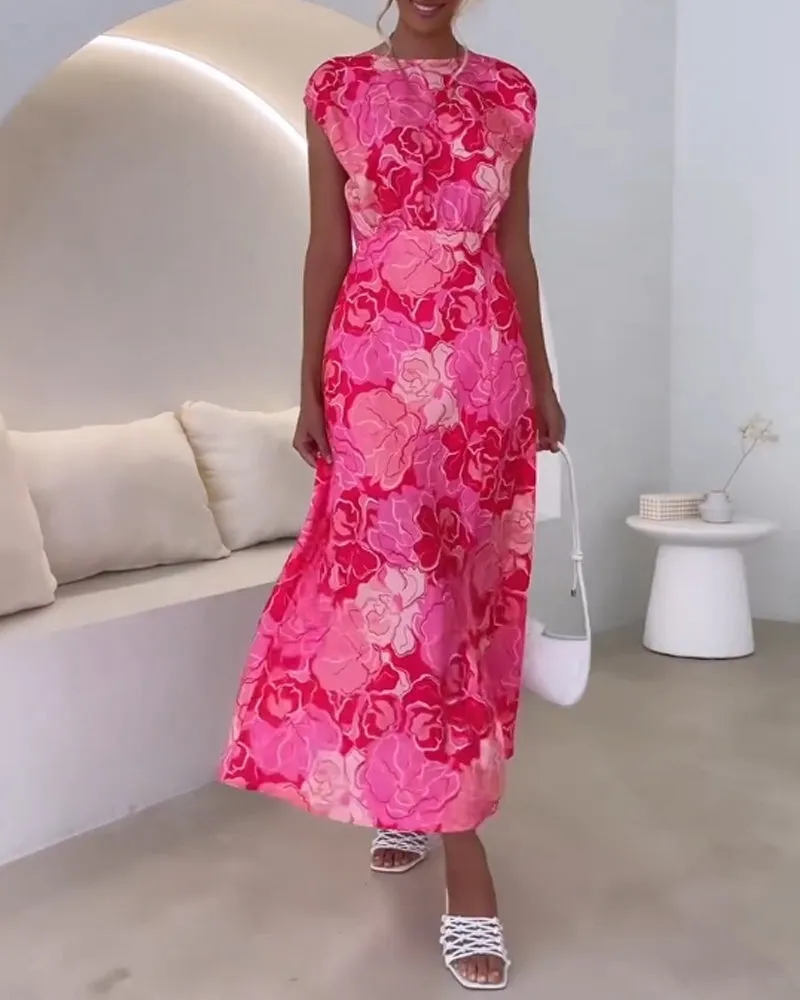 Elegant floral print sleeveless slit dress