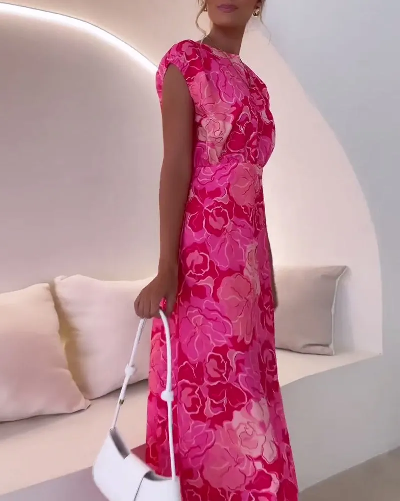 Elegant floral print sleeveless slit dress