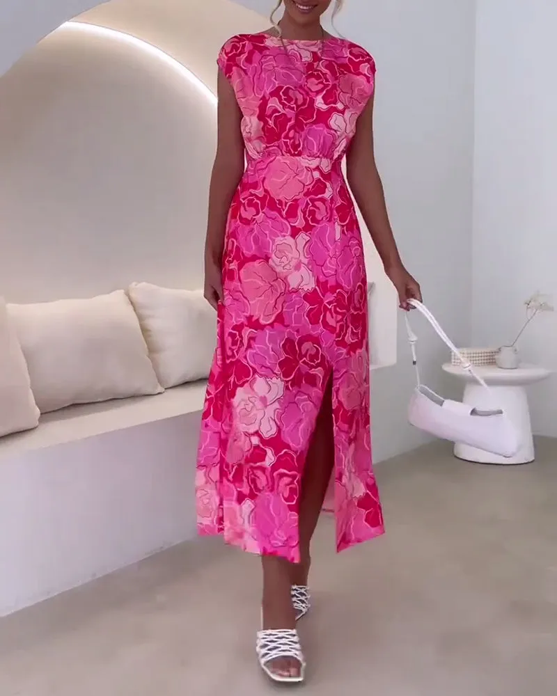 Elegant floral print sleeveless slit dress