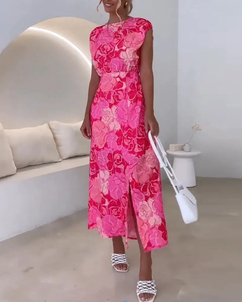 Elegant floral print sleeveless slit dress