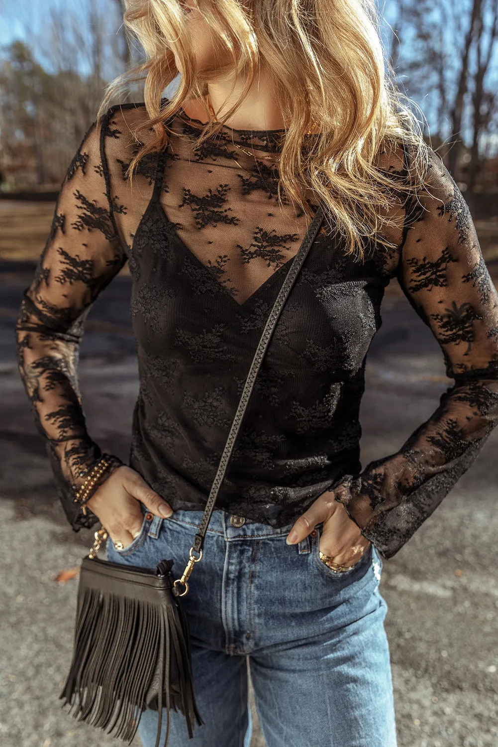 Elegant Lace Mesh Crochet Splicing Slim Fit Long Sleeve Blouse