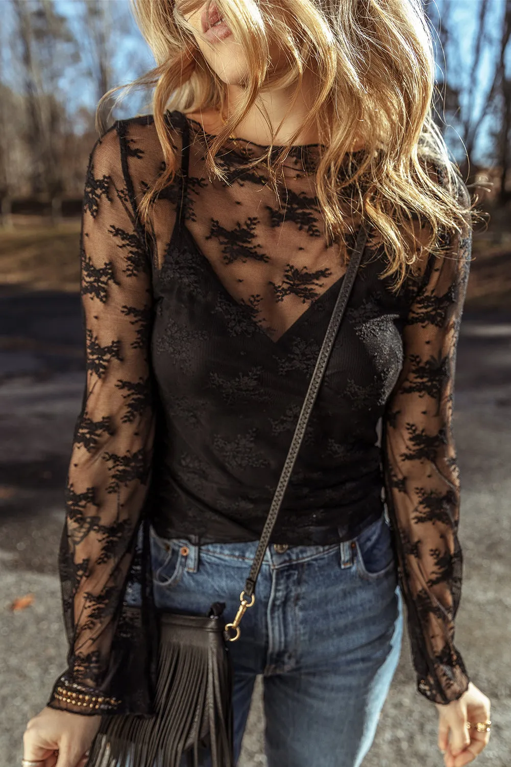 Elegant Lace Mesh Crochet Splicing Slim Fit Long Sleeve Blouse