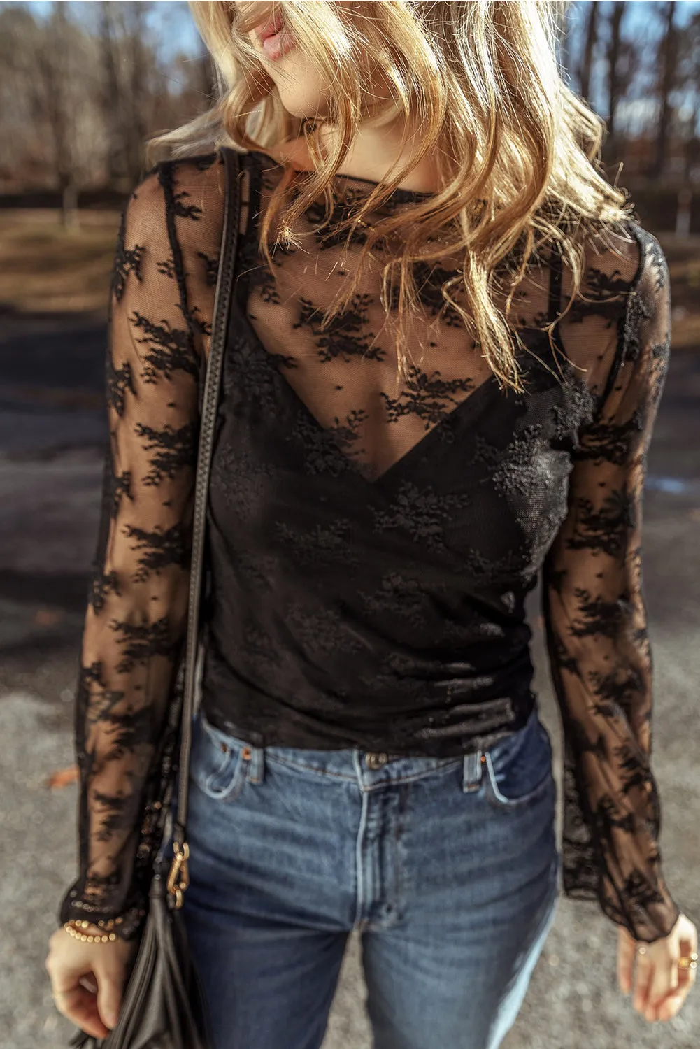 Elegant Lace Mesh Crochet Splicing Slim Fit Long Sleeve Blouse