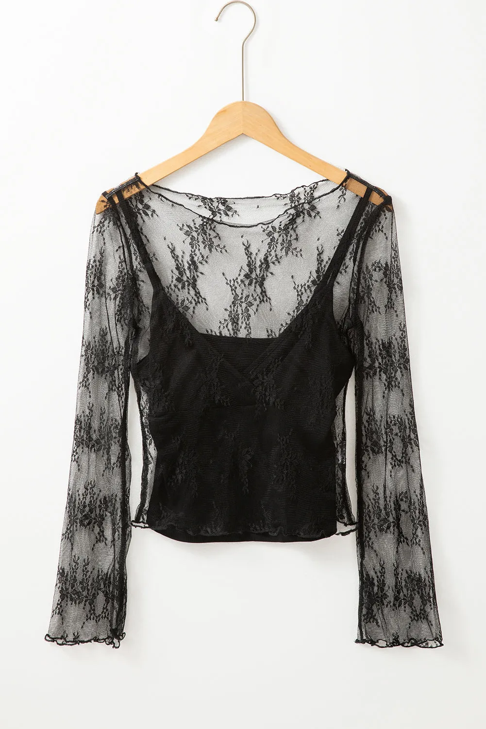 Elegant Lace Mesh Crochet Splicing Slim Fit Long Sleeve Blouse
