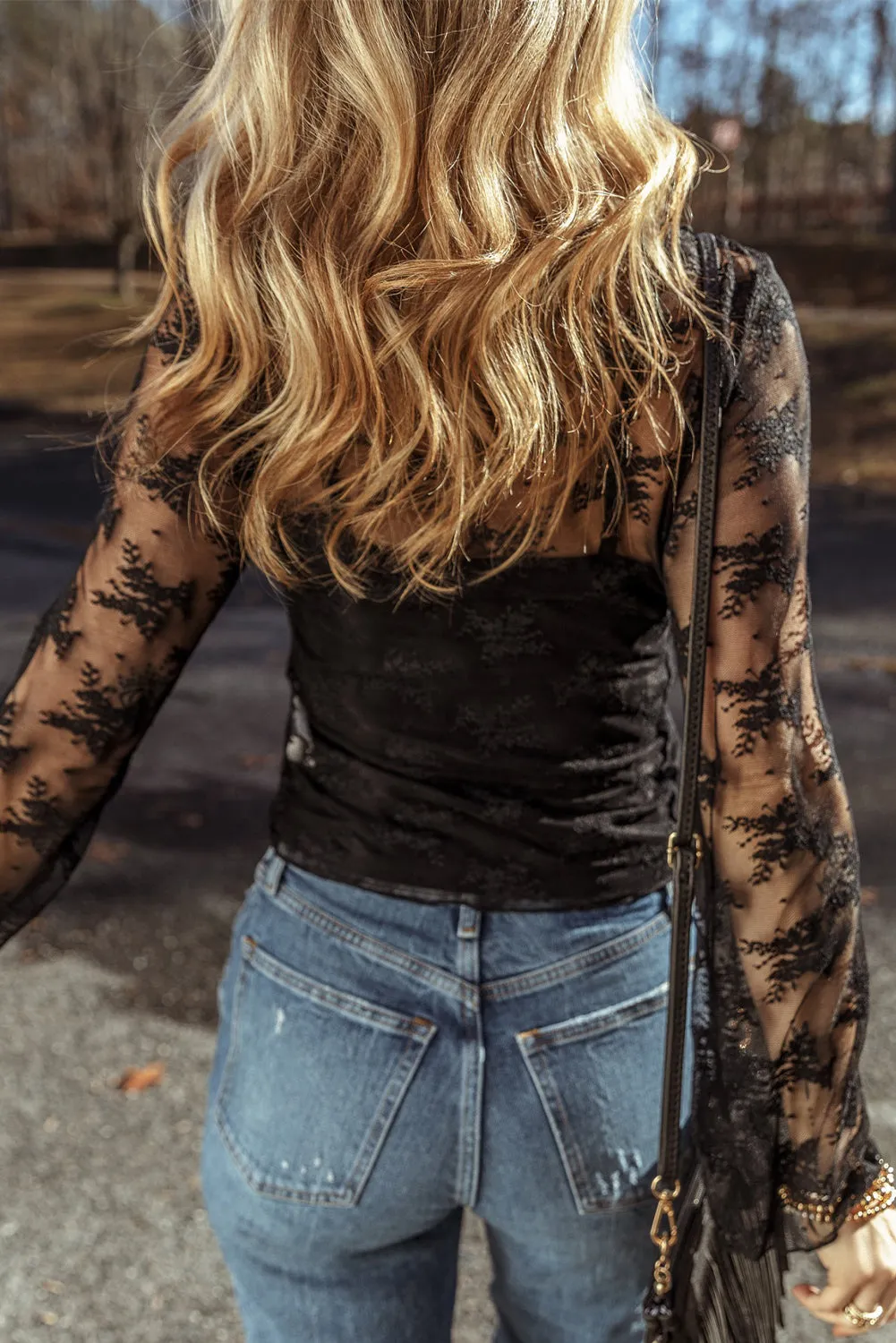 Elegant Lace Mesh Crochet Splicing Slim Fit Long Sleeve Blouse