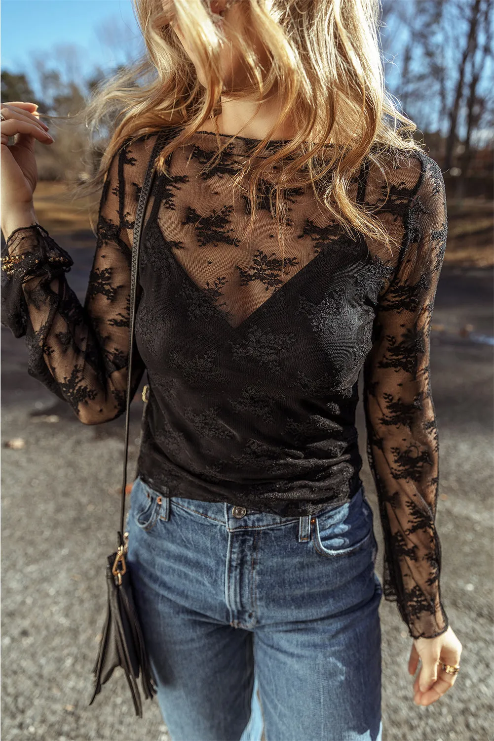 Elegant Lace Mesh Crochet Splicing Slim Fit Long Sleeve Blouse