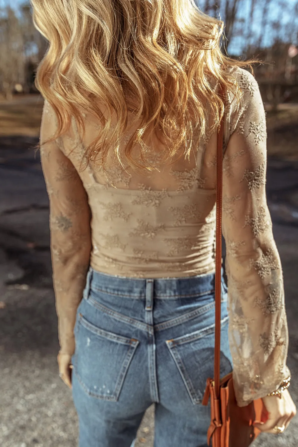 Elegant Lace Mesh Crochet Splicing Slim Fit Long Sleeve Blouse